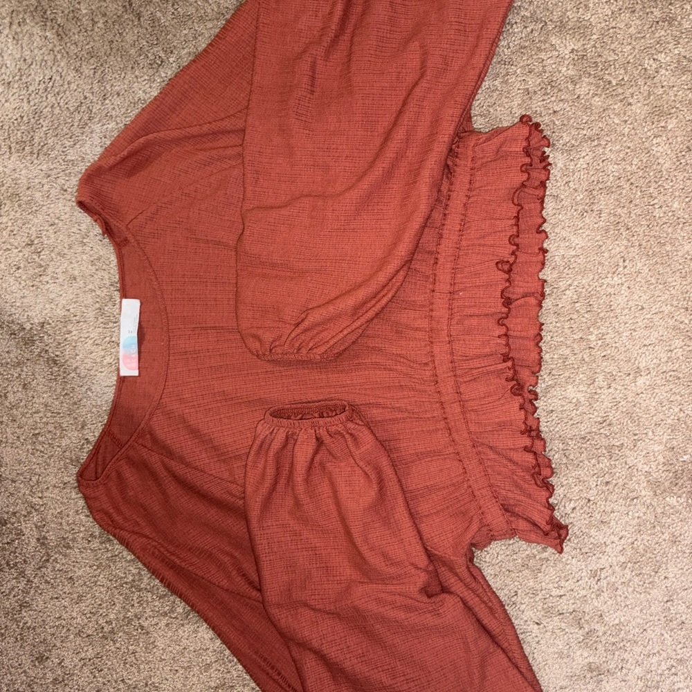 Free People Rust Red Long Sleeve Top with Ruffle Hem